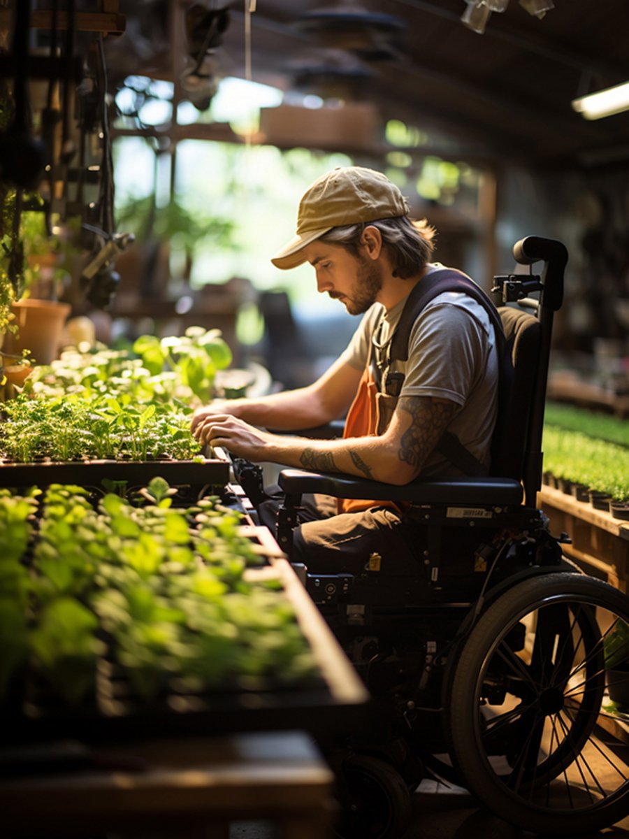 Junger Mann in Arbeitskleidung mit Schildmütze sitzt in Rollstuhl und arbeitet mit Jungpflanzen auf Tisch. Er ist seitlich zu sehen. Im Hintergrund weitere Pflanzen und die offene Seite des Gebäudes, in dem er sich befindet.