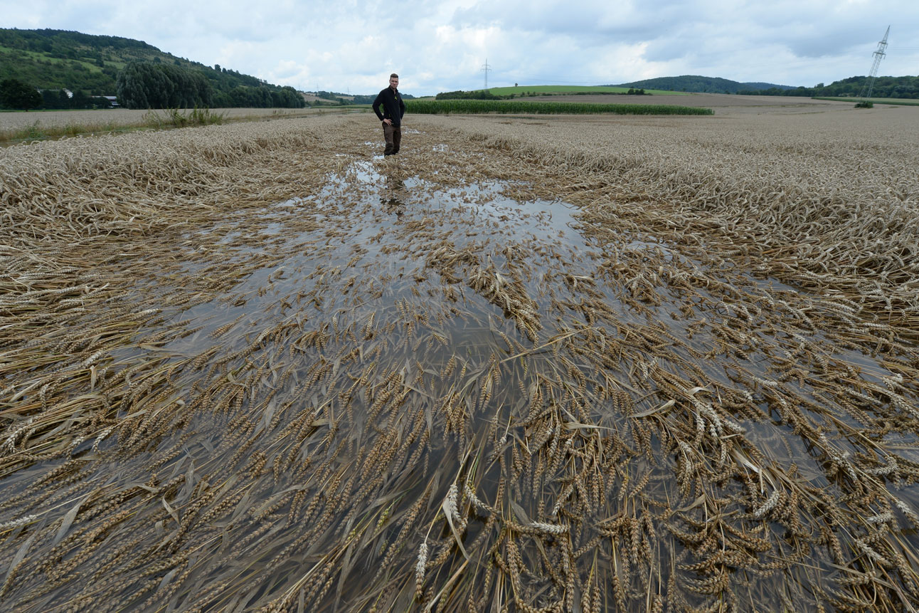 Landwirt steht auf überschwemmten Acker