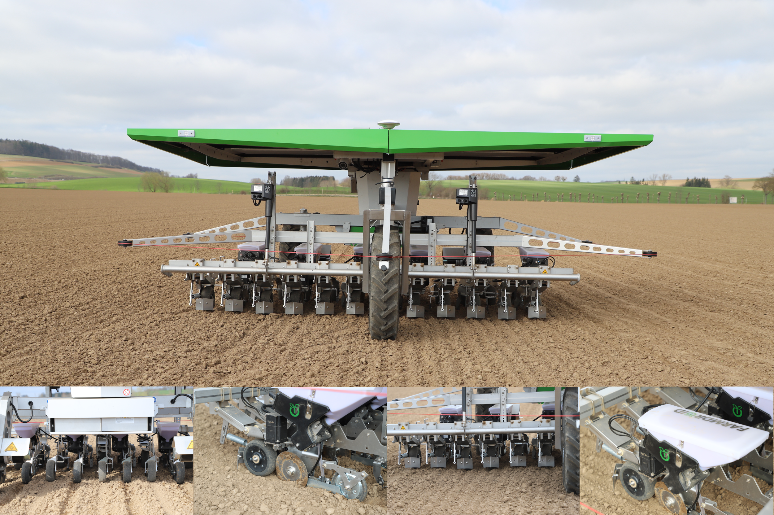 Zusammenstellung verschiedener Bilder des Roboters Farmdroid FD 20, inklusive der Sähaggregate. 