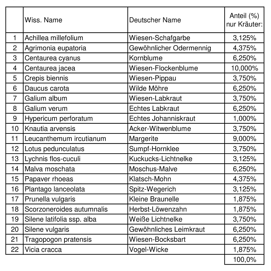 Zu sehen ist eine Tabelle mit einer Liste an Wiesenpflanzen.