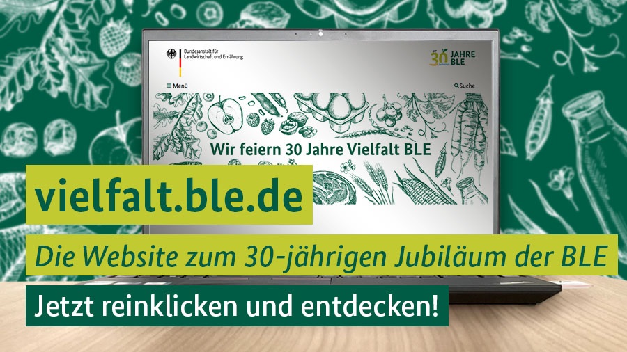 Aufgeklappter Laptop mit Slogan wir feiern dreißig Jahre Vielfalt der Bundesanstalt für Landwirtschaft und Ernährung