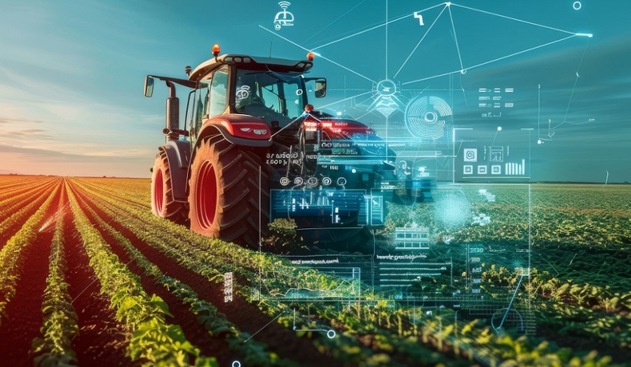 Ein Traktor auf dem Acker, dahinter eine Grafik bestehend aus Diagrammen, Zahlen und Symbolen