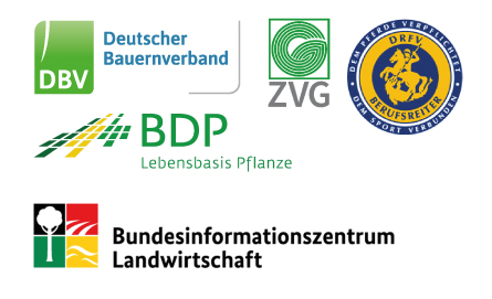 Logos vom Deutschen Bauernverband (DBV), dem Bundesverband Deutscher Pflanzenzüchter (BDP), dem Zentralverband Gartenbau e.V. (ZVG), Bundesvereinigung der Berufsreiter im Deutschen Reiter- und Fahrer Verband (DRFV) und dem Bundesinformationszentrum Landwirtschaft (BZL).