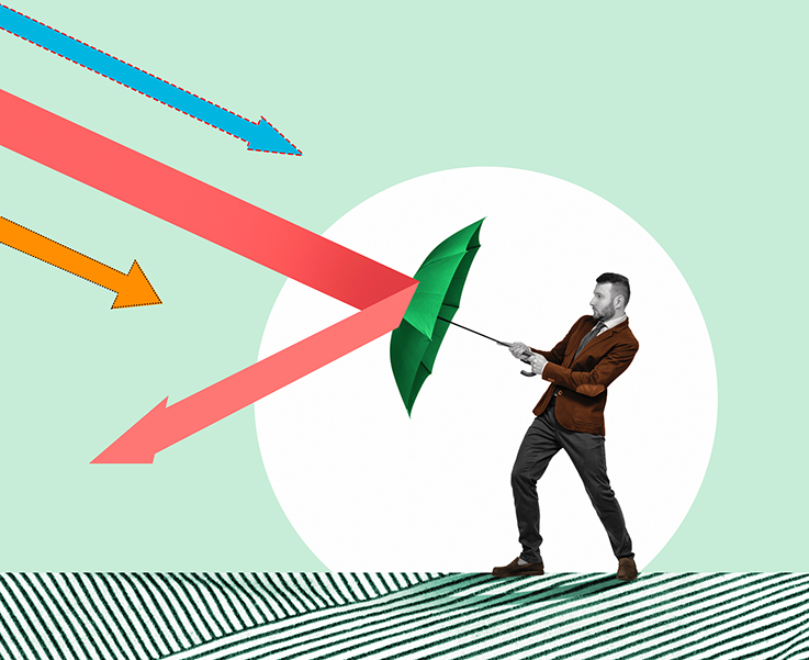 Im Hintergrund liegt eine lindgrüne Fläche und ein weißer Kreis. In dem Kreis steht ein Mann, der einen Regenschirm seitlich von sich hält und sich gegen farbige Pfeile stemmt, die von oben rechts auf den Schirm gerichtet sind.