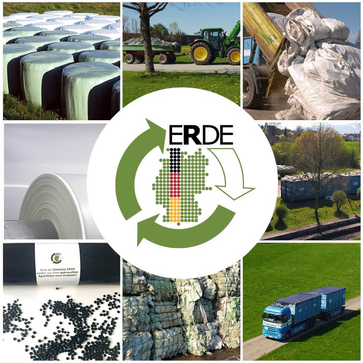 Logo ERDE mit Bildern der Prozesskette des Agrarfolienrecyclings