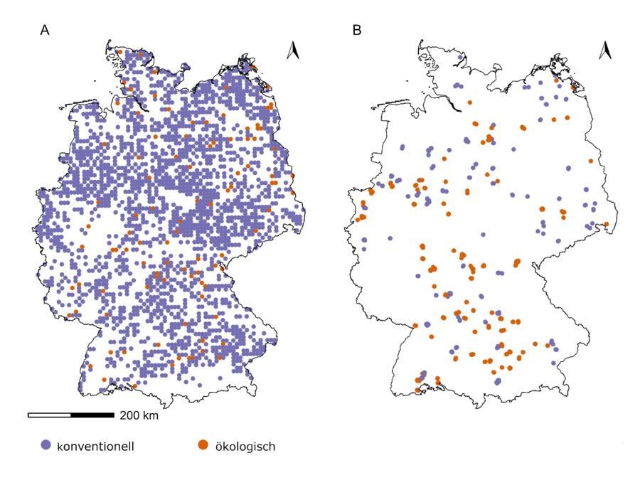 Deutschlandkarte mit Kennzeichnung der Beprobungspunkte.