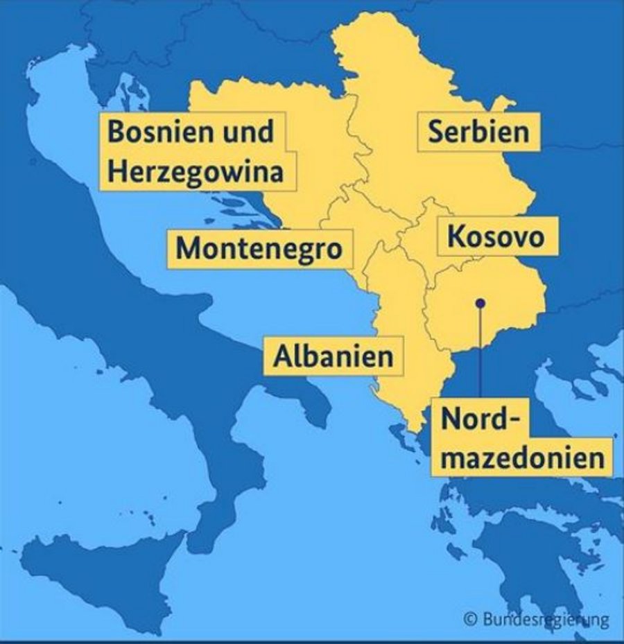 Landkarte mit den Landesgrenzen und -flächen von Bosnien-Herzegowina, Serbien, Montenegro, Kosovo, Nordmazedonien und Albanien.