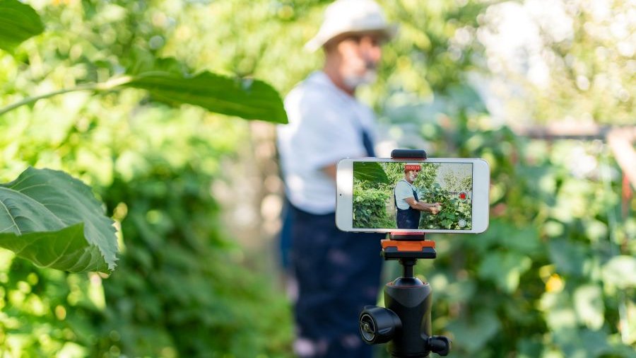 Ein auf einem Stativ angebrachtes Smartphone filmt den Landwirt bei seiner Arbeit.