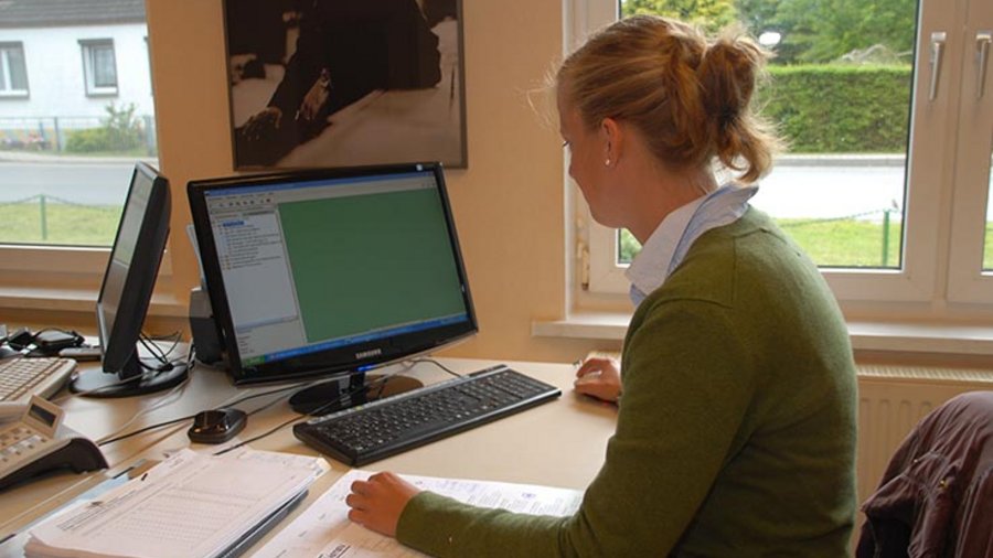 Frau arbeitet an einem Computer. - Klick öffnet Großansicht in neuem Fenster.