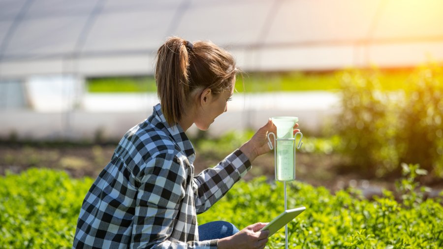Frau kniet in einem Feld, in der Hand hält sie ein Tablet und prüft den Wasserstand im Regenmesser.
