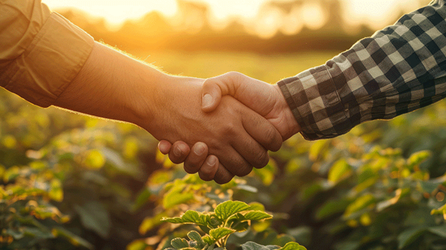 Zwei Männer schütteln sich die Hand. Nur die Arme sind erkennbar. Einer trägt ein kariertes Hemd.  Im Hintergrund geht die Sonne unter. Bild: AkuAku – stock.adobe.com