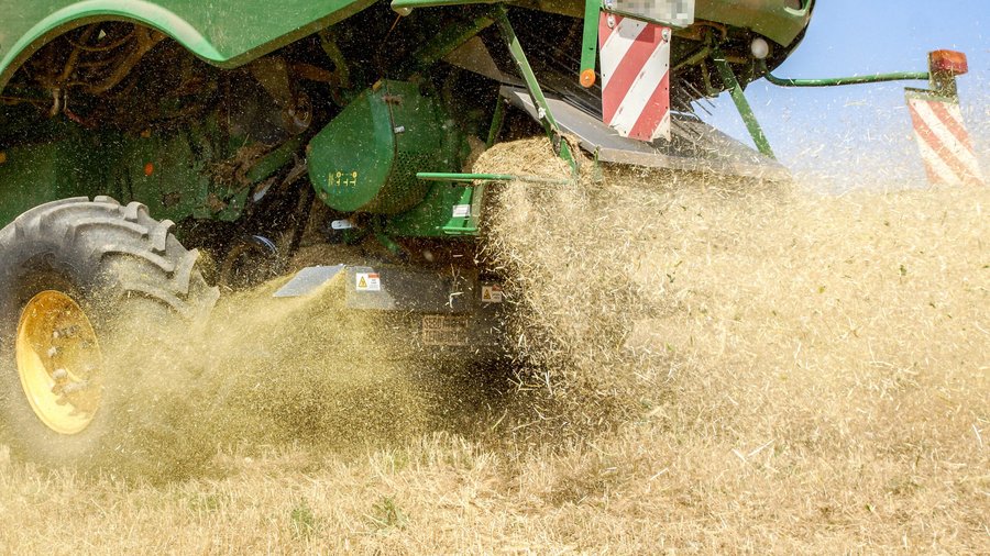 Zerkleinertes Erntegut kommt aus dem Seed Terminator und wird auf dem Feld verteilt. 