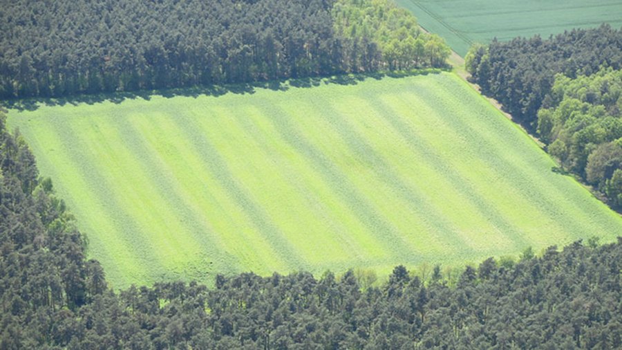 Luftaufnahme eines Ackers auf dem farbig unterschiedliche Streifen einen ungleichmäßigen Düngereinsatz hinweisen.