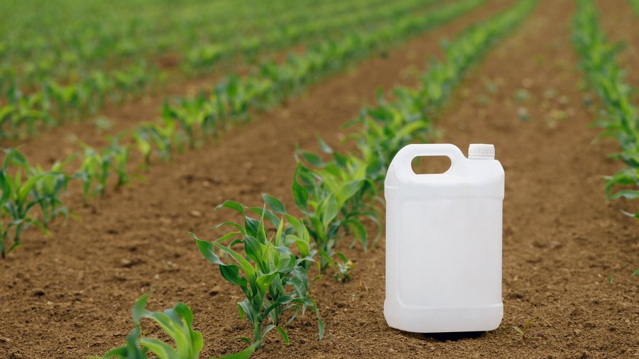 Corn pesticide canister in field, mock up
