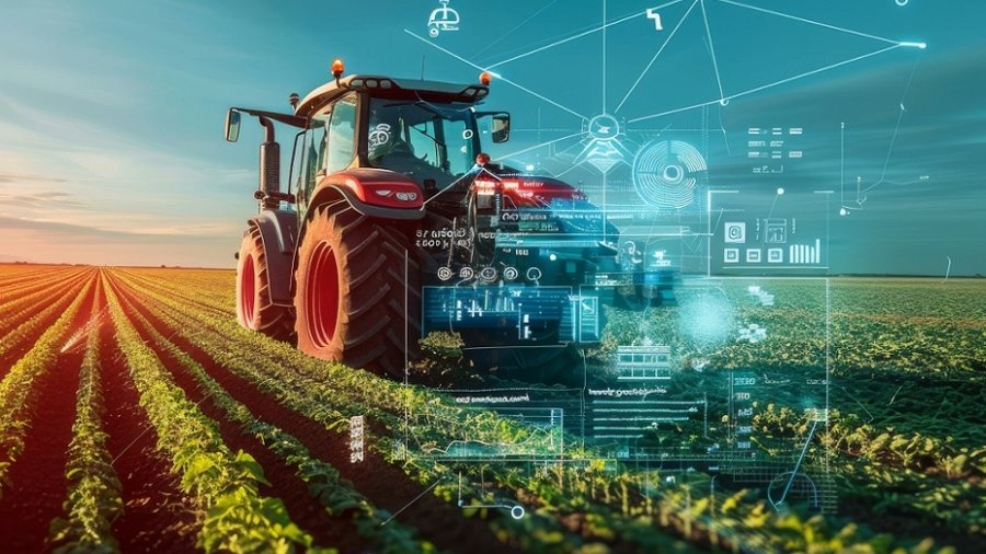 Ein Traktor auf dem Acker, dahinter eine Grafik bestehend aus Diagrammen, Zahlen und Symbolen