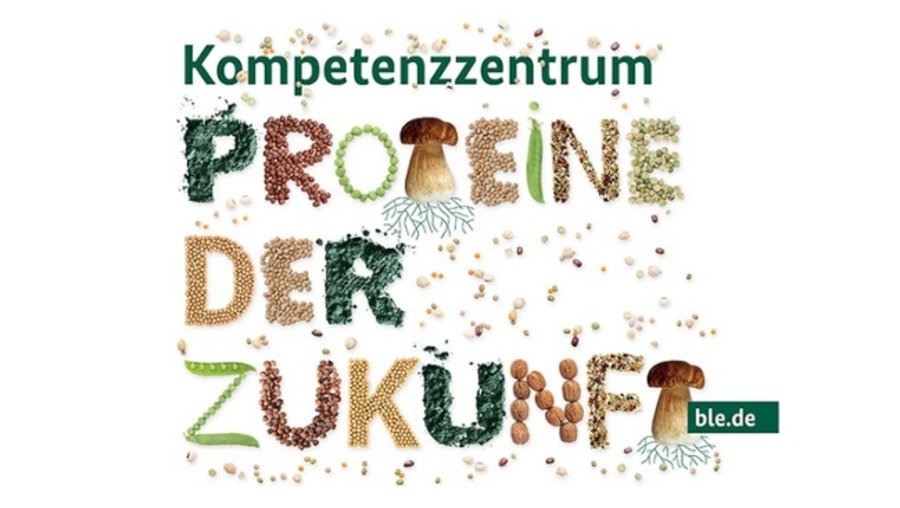 Schriftzug "Proteine der Zukunft". Die Buchstaben bestehen aus verschiedenen Proteinquellen wie Bohnen, Pilzen oder Nüssen.