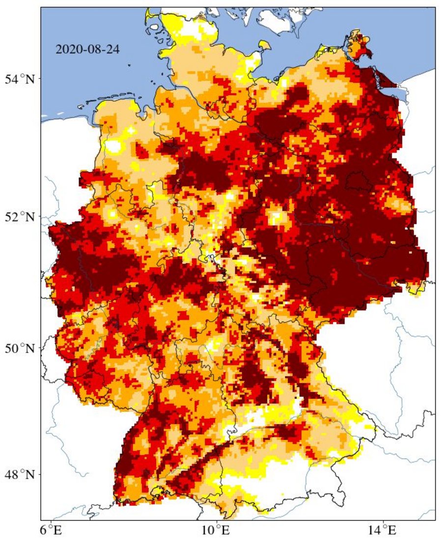 Deutschlandkarte, die über Farbgebung die Bodenfeuchte zeigt.
