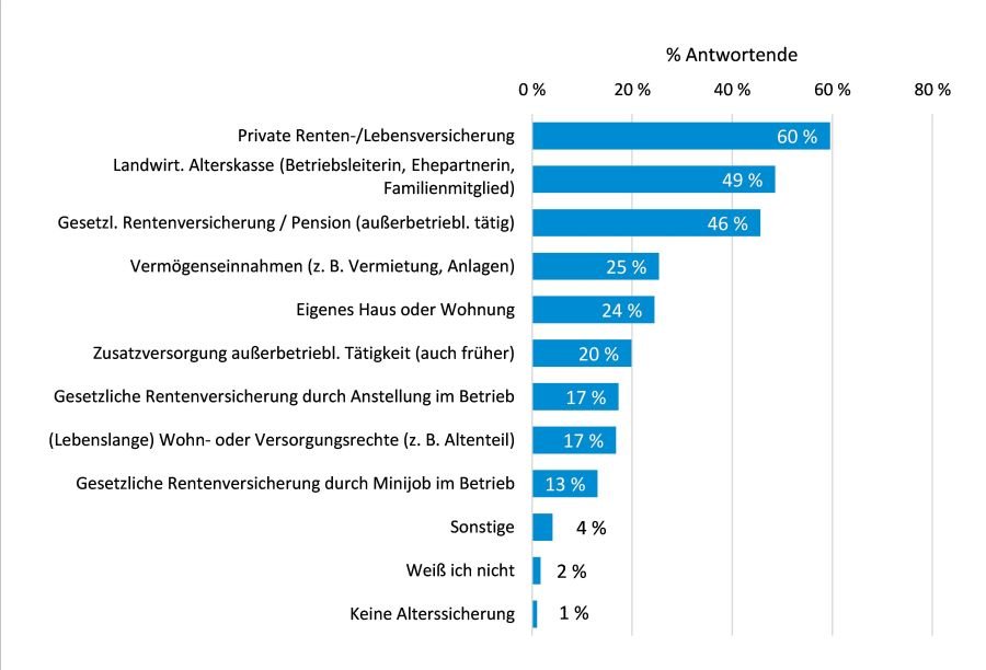 Horizontale Balken zeigen die Formen die Antworten zur Altersvorsorge mit Prozentanteil der Antwortenden.