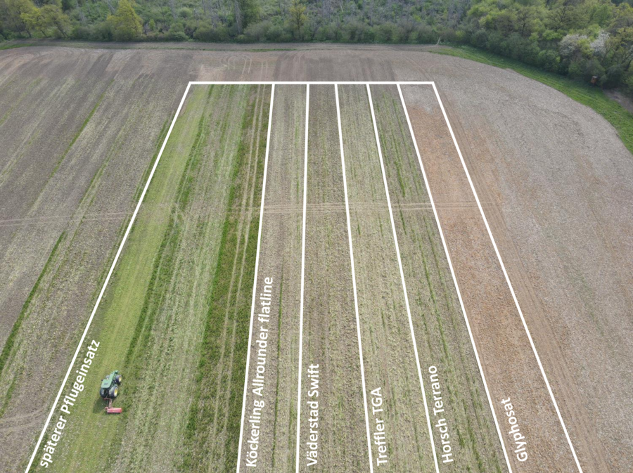 Luftaufnahme eines Feldes mit Streifen, die durch unterschiedliche Maschinen bearbeitet wurden. 