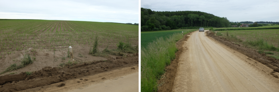 Auf dem linken Bild sieht man Erde auf eine Straße fließen. Auf dem rechten Bild sieht man eine mit Schlamm bedeckte Straße.
