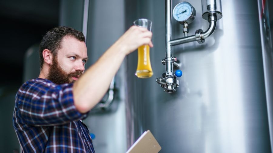 Mann prüft ein Glas Bier in Brauerei.