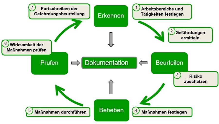 Diagramm, mittig Begriff Dokumentation, darum mit Pfeilen verbunden und im Kreis angeordnet die vier Begriffe Erkennen, Beurteilen, Beheben und Prüfen, mit sieben Aktivitäten versehen, die jeweils zu tun sind.