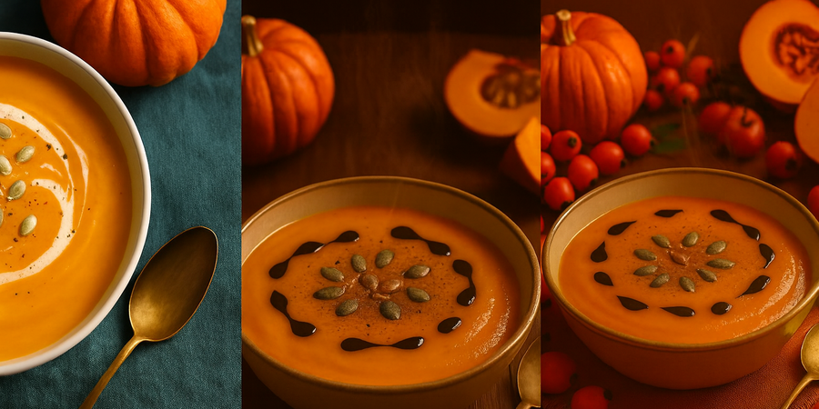 Es werden drei Bilder gezeigt mit Kürbissuppen. Die Bilder wurden mit Künstlicher Intelligenz erstellt.