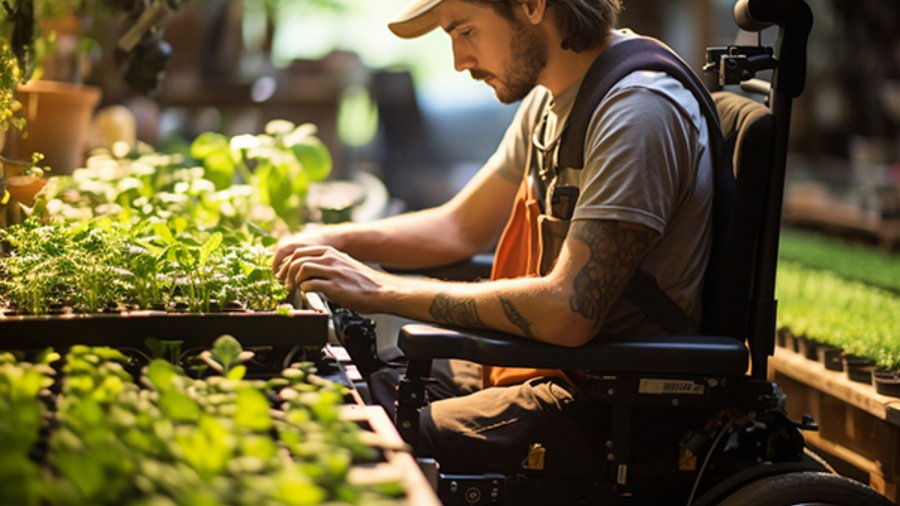 Junger Mann in Arbeitskleidung mit Schildmütze sitzt in Rollstuhl und arbeitet mit Jungpflanzen auf Tisch.