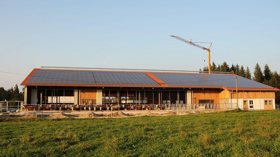 Außenansicht des Kuhstallt. Auf dem Dach seht man eine Photovoltaikanlage. - Klick öffnet Großansicht in neuem Fenster.