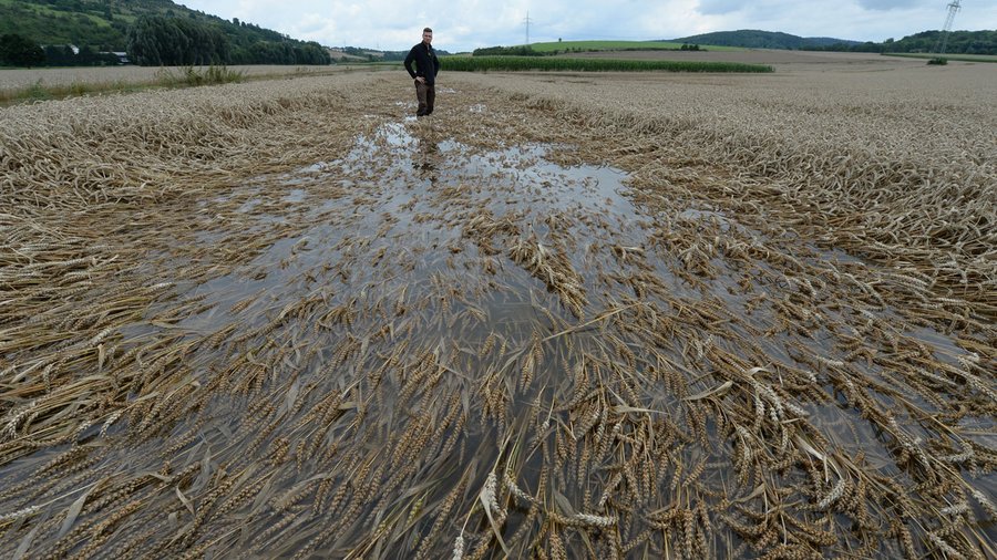 Landwirt steht auf überschwemmten Acker