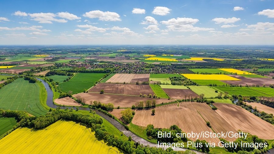 Vogelperspektive landwirtschaftliche Flächen und Fluss