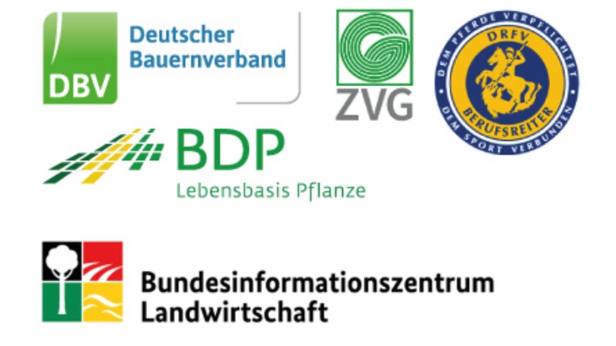 Logos vom Deutschen Bauernverband (DBV), dem Bundesverband Deutscher Pflanzenzüchter (BDP), dem Zentralverband Gartenbau e.V. (ZVG), Bundesvereinigung der Berufsreiter im Deutschen Reiter- und Fahrer Verband (DRFV) und dem Bundesinformationszentrum Landwirtschaft (BZL).
