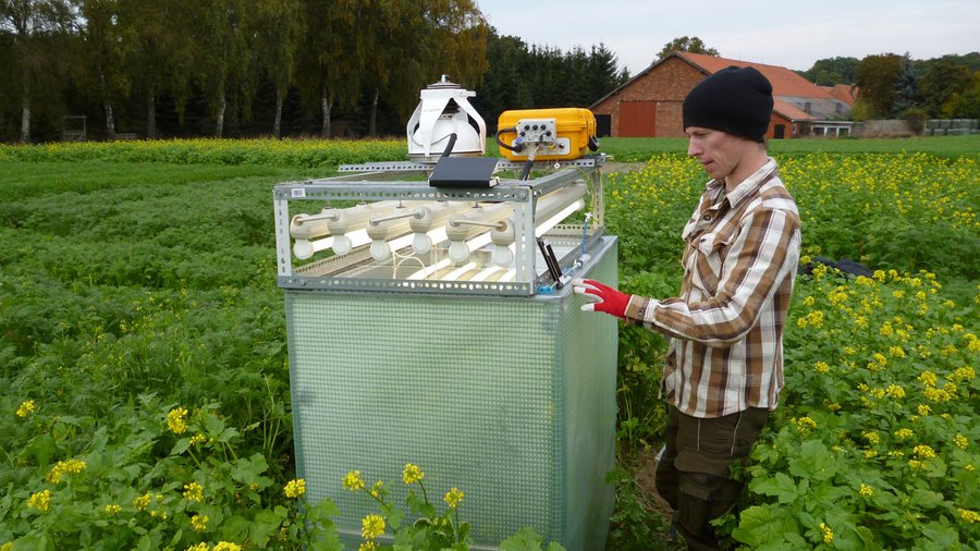 Wissenschaftler mit Kammer zur Untersuchung der CO2 Aufnahme der Pflanzen